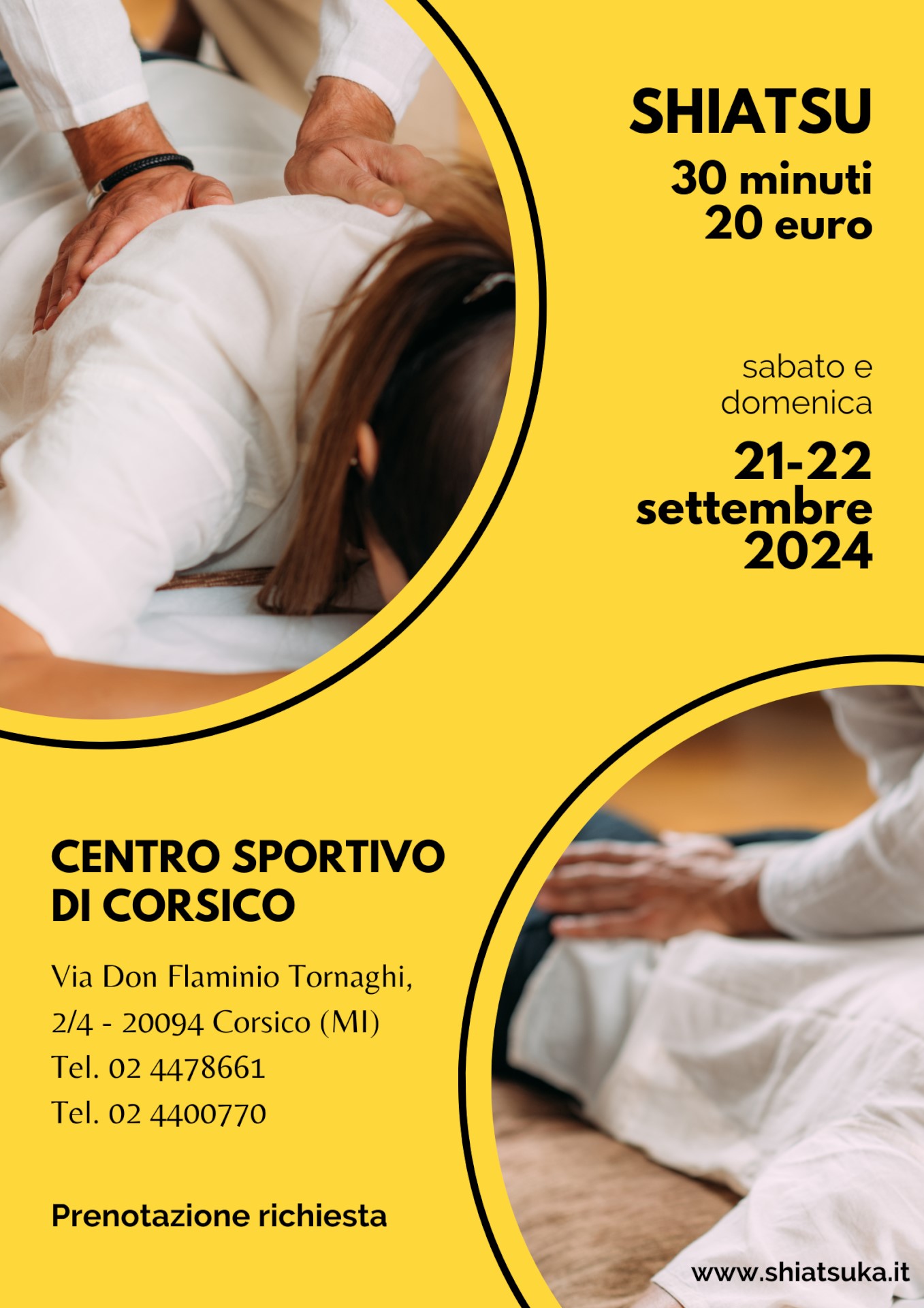 Locandina shiatsu Centro Sportivo di Corsico sabato e domenica 21-22.09.2024 30 minuti 20 euro