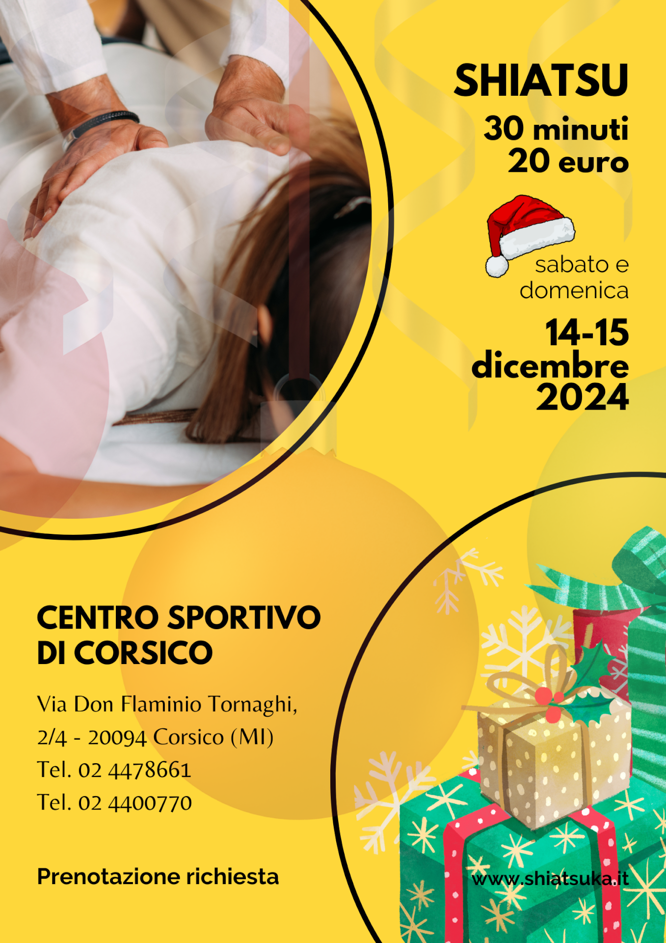 Locandina shiatsu Centro Sportivo di Corsico sabato e domenica 14-15.12.2024 30 minuti 20 euro regalo di Natale