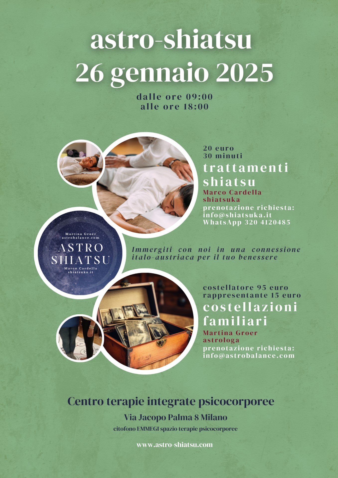 Locandina astro-shiatsu Gambara 2025.01.26 con WhatsApp